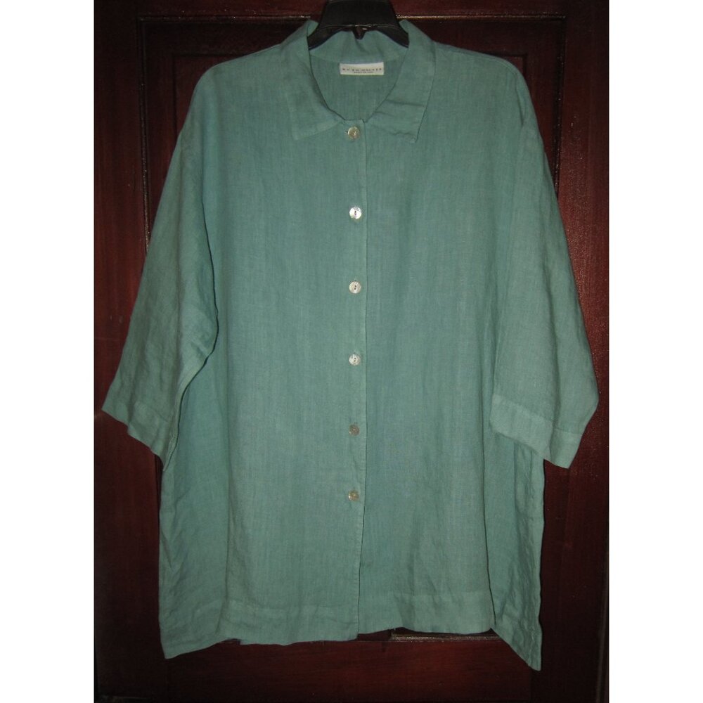 Bryn Walker S 100% Linen Big Shirt Tunic Top Blouse Oversized Teal Button Flare